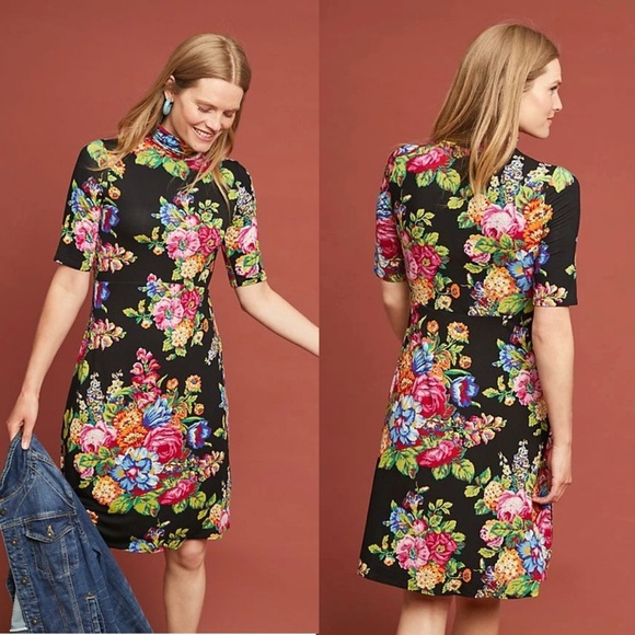 L13. Anthropologie by Ett twa Black Floral Coreyell Turtleneck Dress - Picture 1 of 3